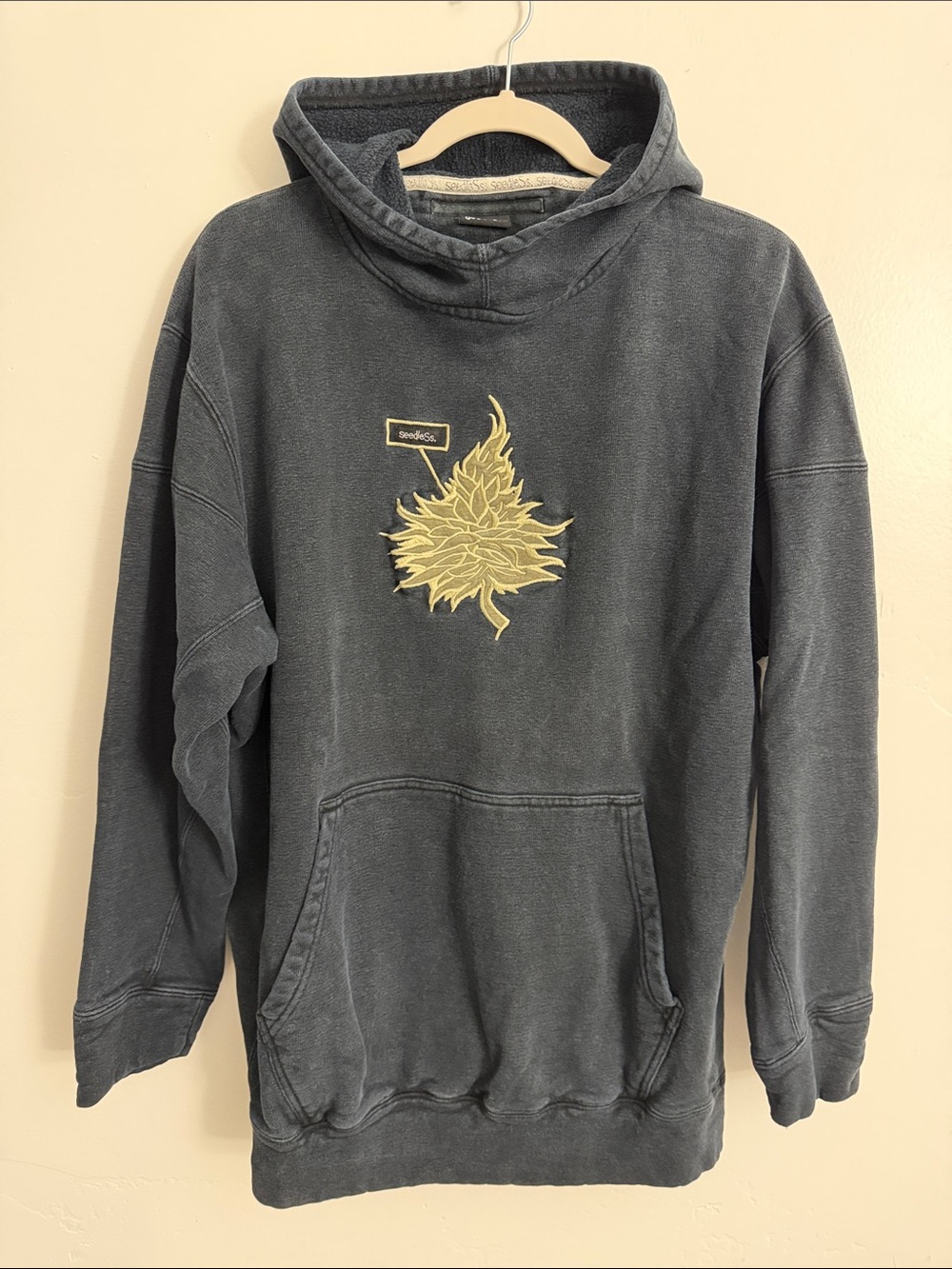Seedless Vintage Charcoal Hoodie with Yellow Leaf Embroidered Graphic